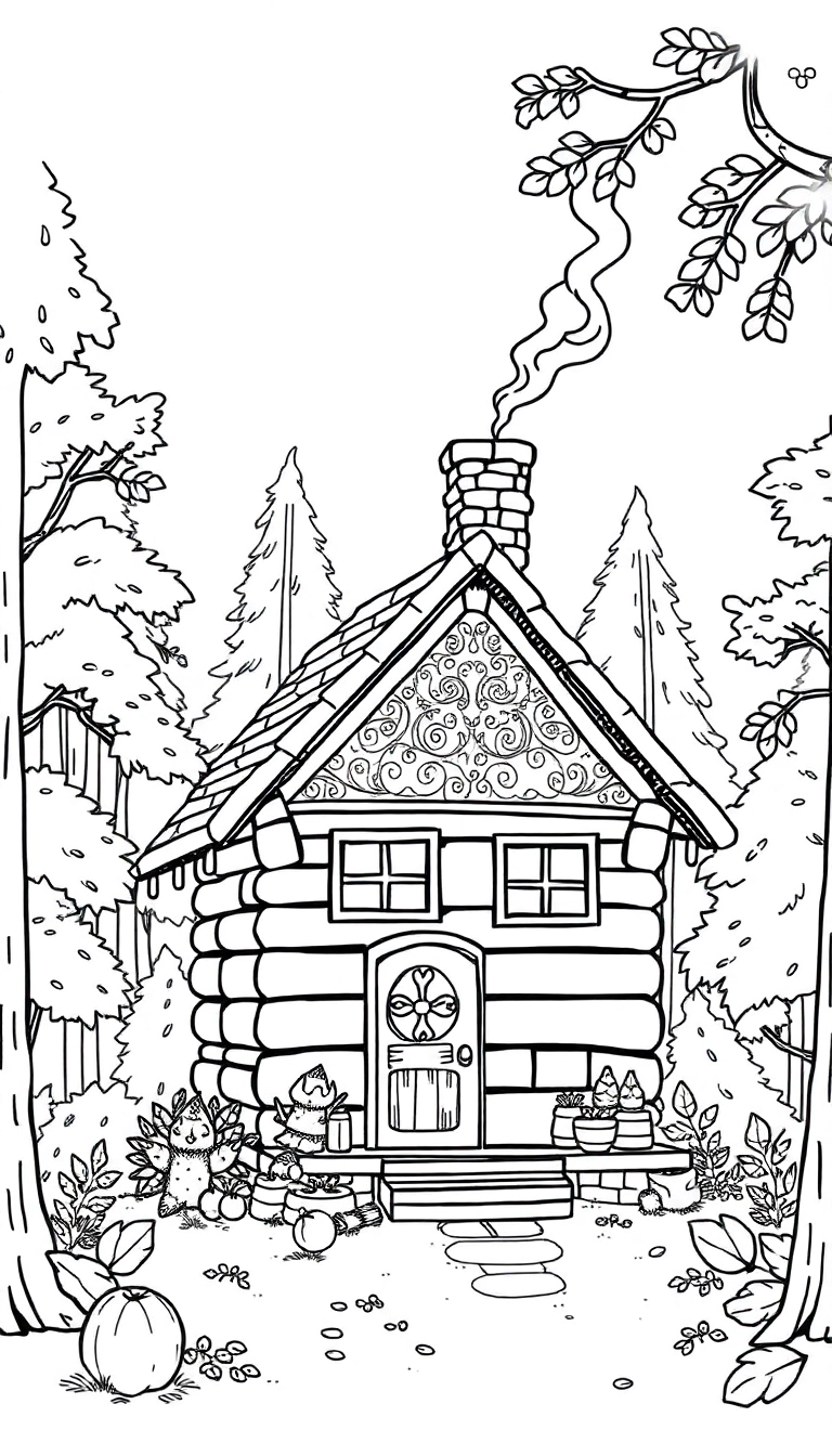  A cozy cabin in the woods with smoke coming from the chimney and surrounded by autumn trees.