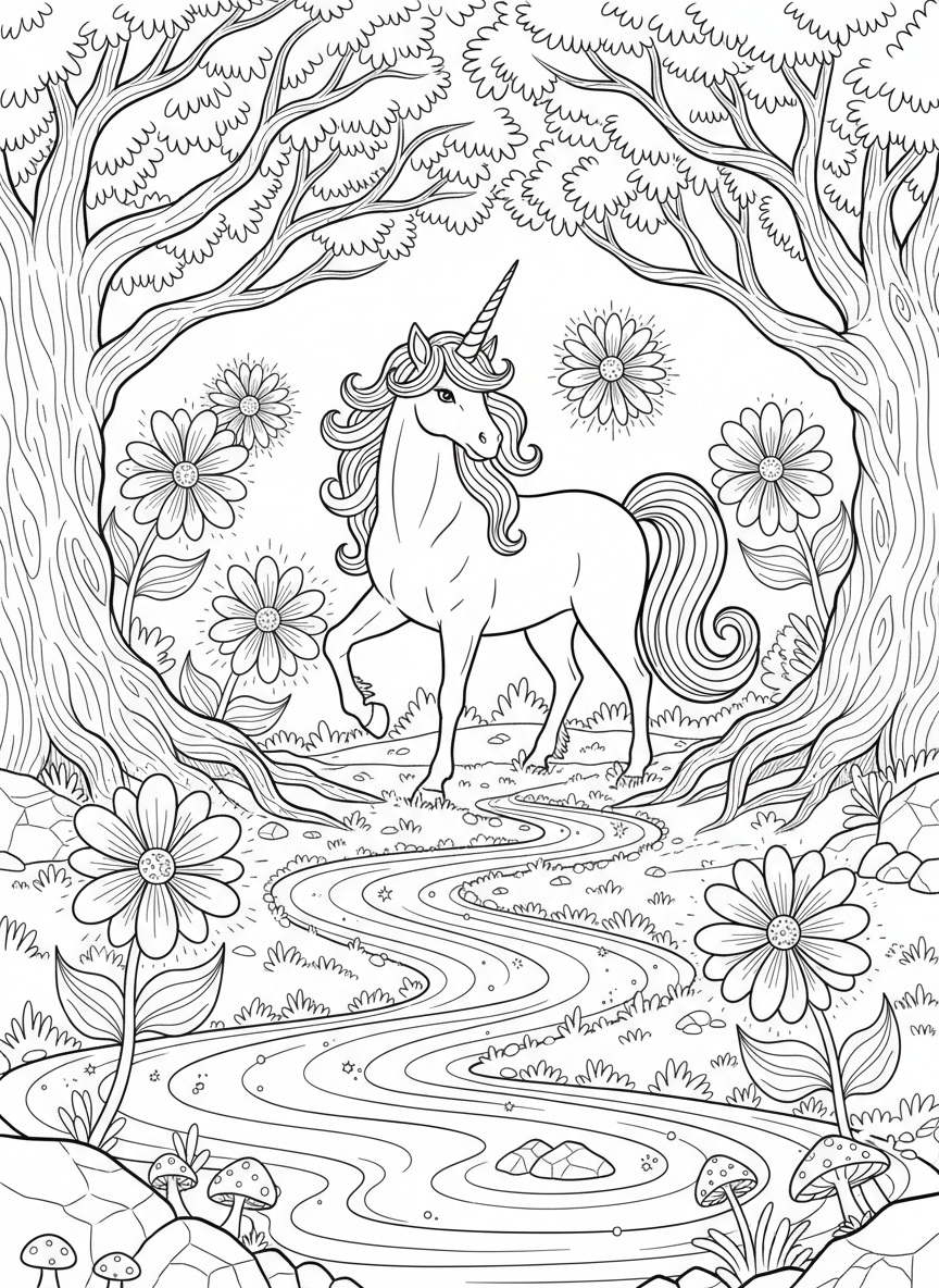 A unicorn standing in a magical meadow filled with glowing flowers, sparkling streams, and ancient trees.