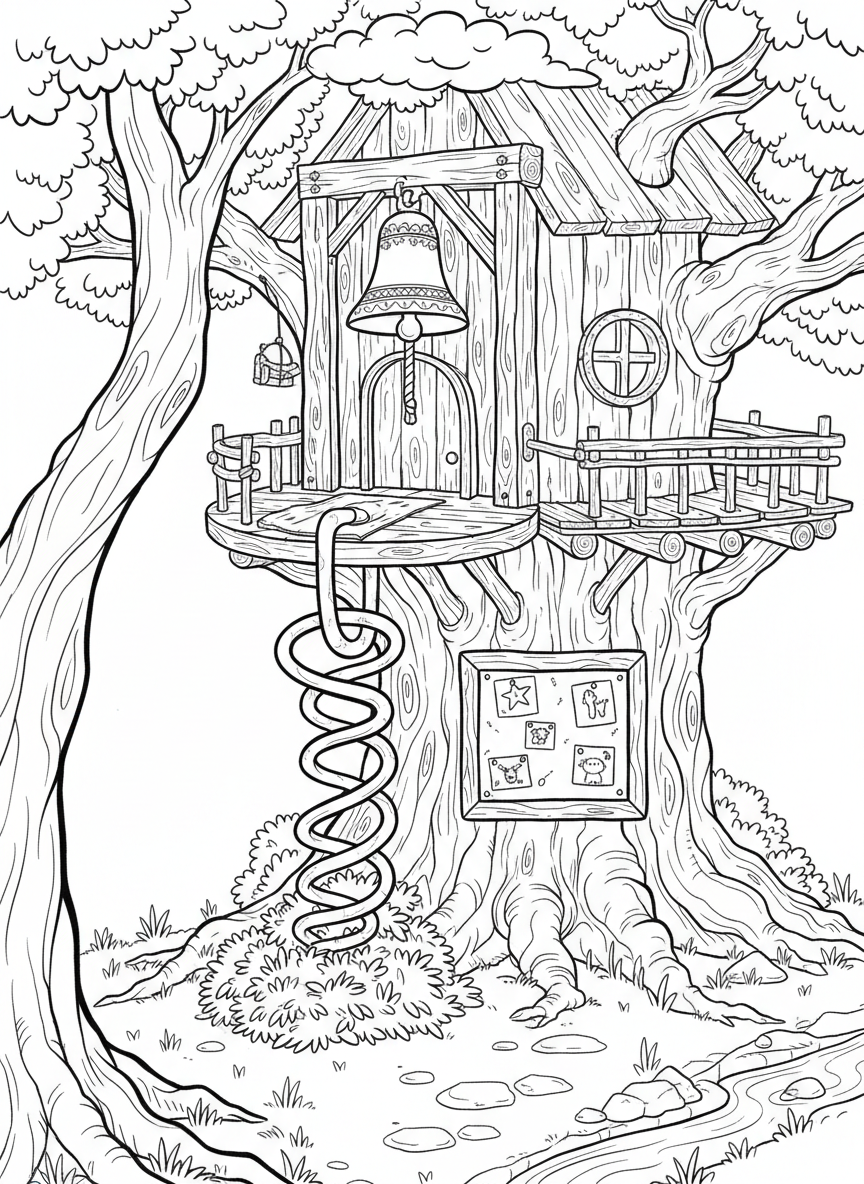 Treehouse with a fireman's pole for quick exits, a bell to ring for meetings, and a bulletin board with drawings pinned up.