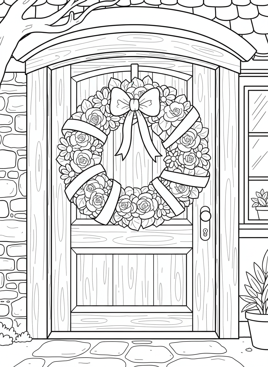A wreath made of flowers and ribbons hanging on a door, with detailed petals and leaves to color.
