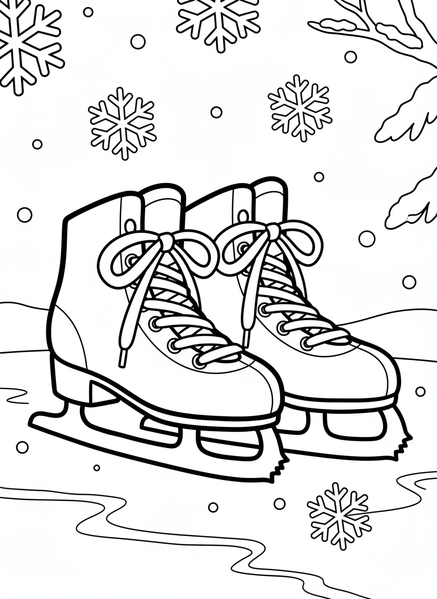 A pair of ice skates with detailed laces and blades, sitting on ice with snowflakes falling around them, close-up simple design for young kids.