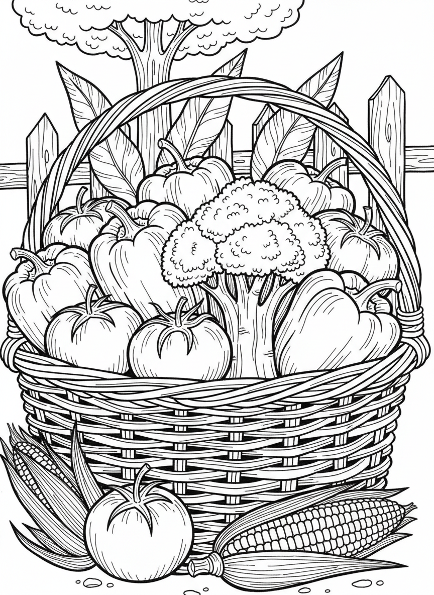 A basket overflowing with assorted vegetables including tomatoes, peppers, broccoli, and corn, detailed composition for older kids