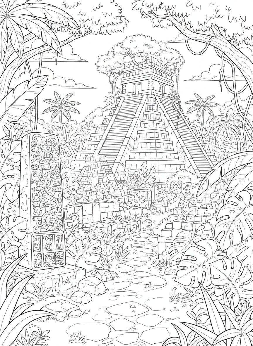 An ancient Maya city hidden within a tropical jungle, featuring stepped pyramids, carved stone monuments, and dense vegetation.