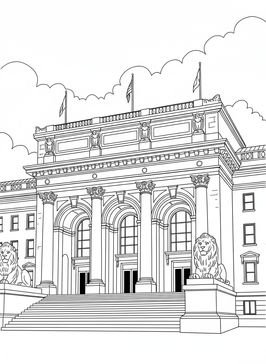 The New York Public Library with its famous lion statues flanking the entrance steps, grand building facade with architectural details.