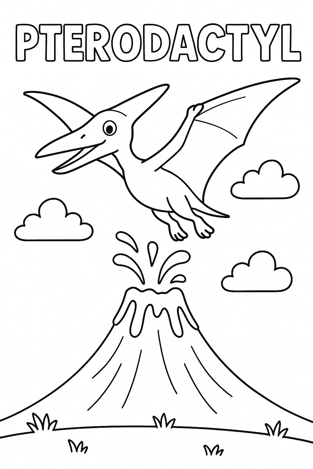 A flying Pterodactyl soaring above a volcano, The words "Pterodactyl" on top, nothing else is written