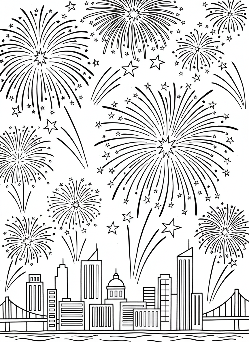 Fireworks exploding in the night sky above a city skyline, with large bursts and sparkles, simple outlines for kids to color