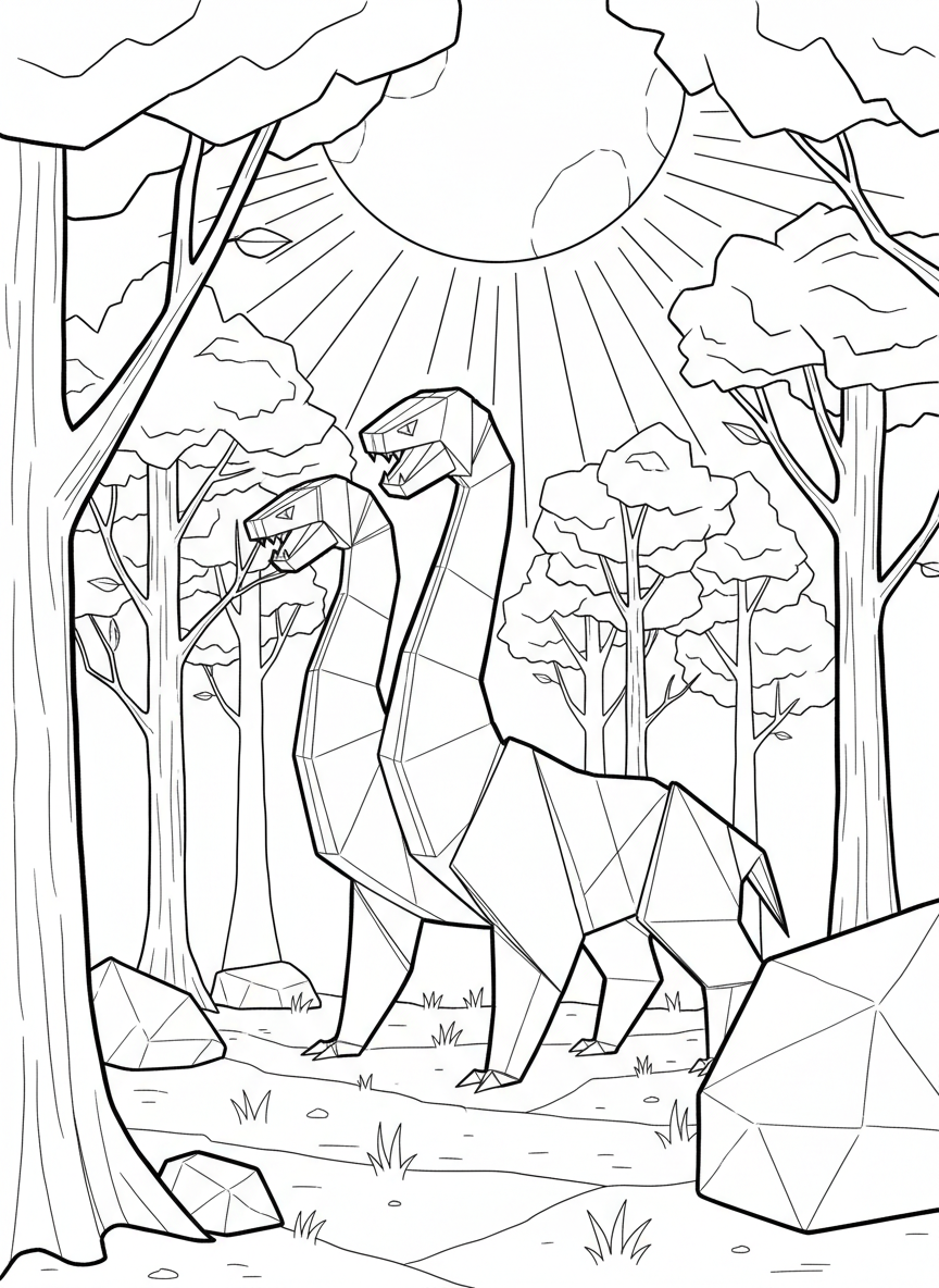 An origami hydra with three geometric paper-fold heads on long necks, standing in a forest clearing, black and white line art