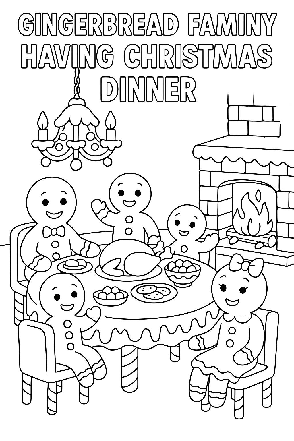 Gingerbread family having Christmas dinner, candy furniture, frosting chandelier, gumdrop dishes, chocolate fireplace, marshmallow chairs, thick outlines, sweet edible dining room scene