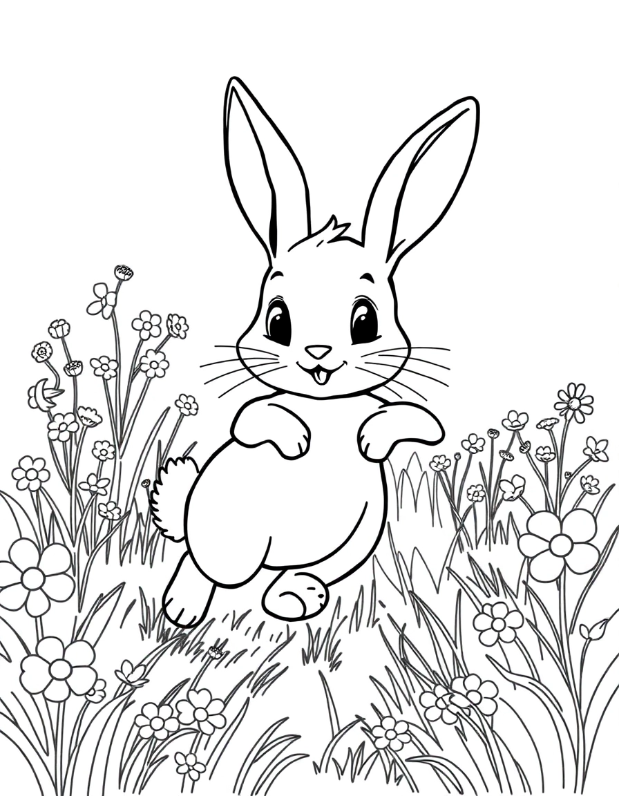 A bunny hopping through a meadow, wildflowers all around