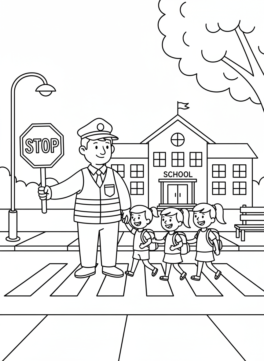 A crossing guard holding a stop sign, helping children safely cross the street near a school building.