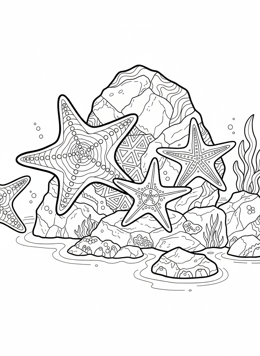Three different sized starfish clustered together on tide pool rocks, each with unique textured patterns on their arms, medium difficulty.