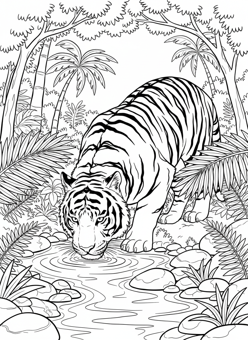 A tiger drinking water from a jungle stream with lush ferns and palm trees in the background, side view.