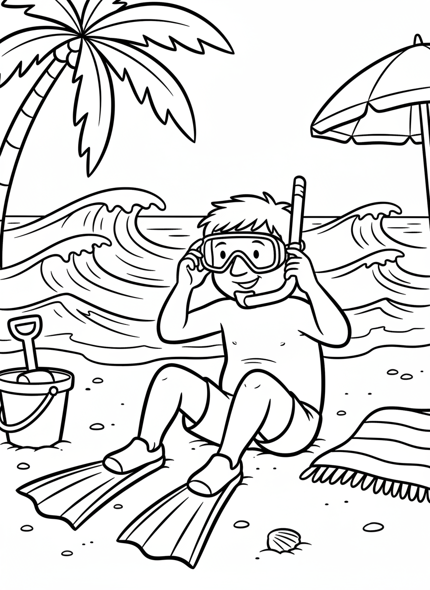 A kid sitting on a beach putting on flippers and adjusting their snorkel mask, with a bucket and towel nearby