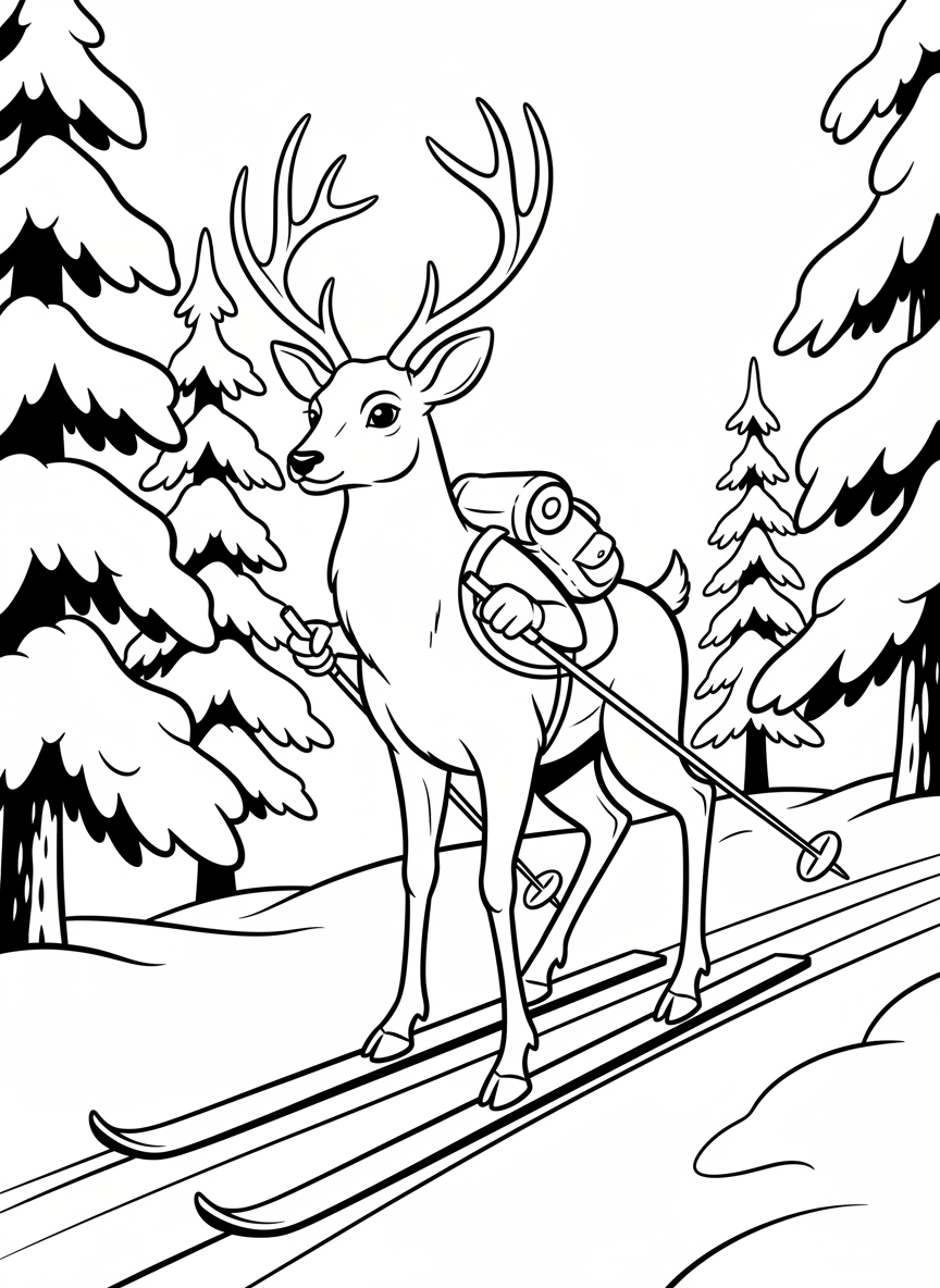 A deer gracefully cross-country skiing through a snowy forest trail, wearing a small backpack, peaceful winter woodland setting.