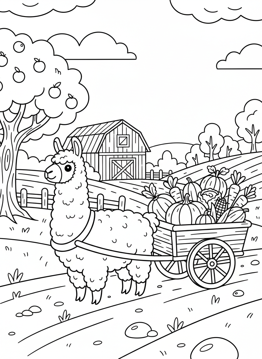 A llama pulling a small cart filled with vegetables through a simple farm landscape.