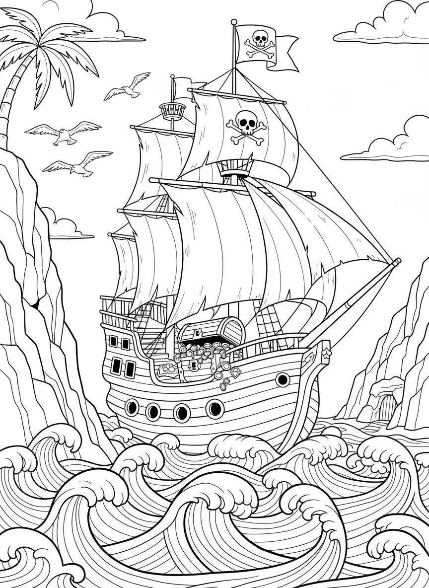 A pirate ship sailing on waves with seagulls and a treasure chest on deck, adventure theme