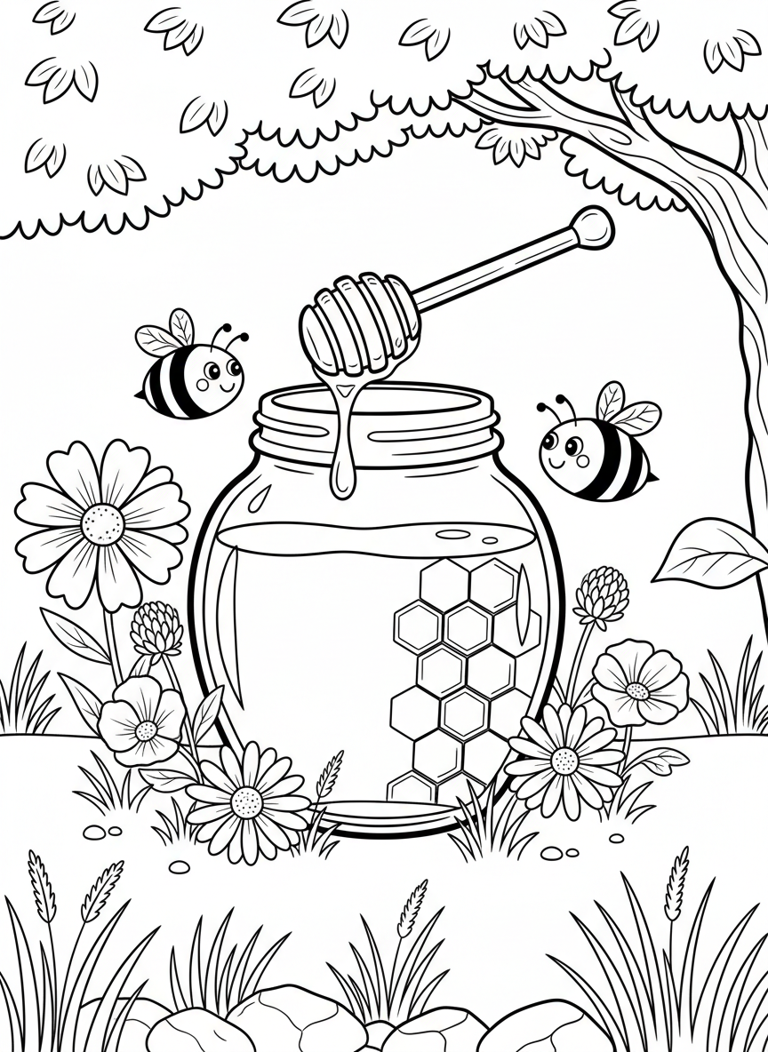 A jar of honey with a dipper, surrounded by flowers and two happy bees, simple still-life composition.