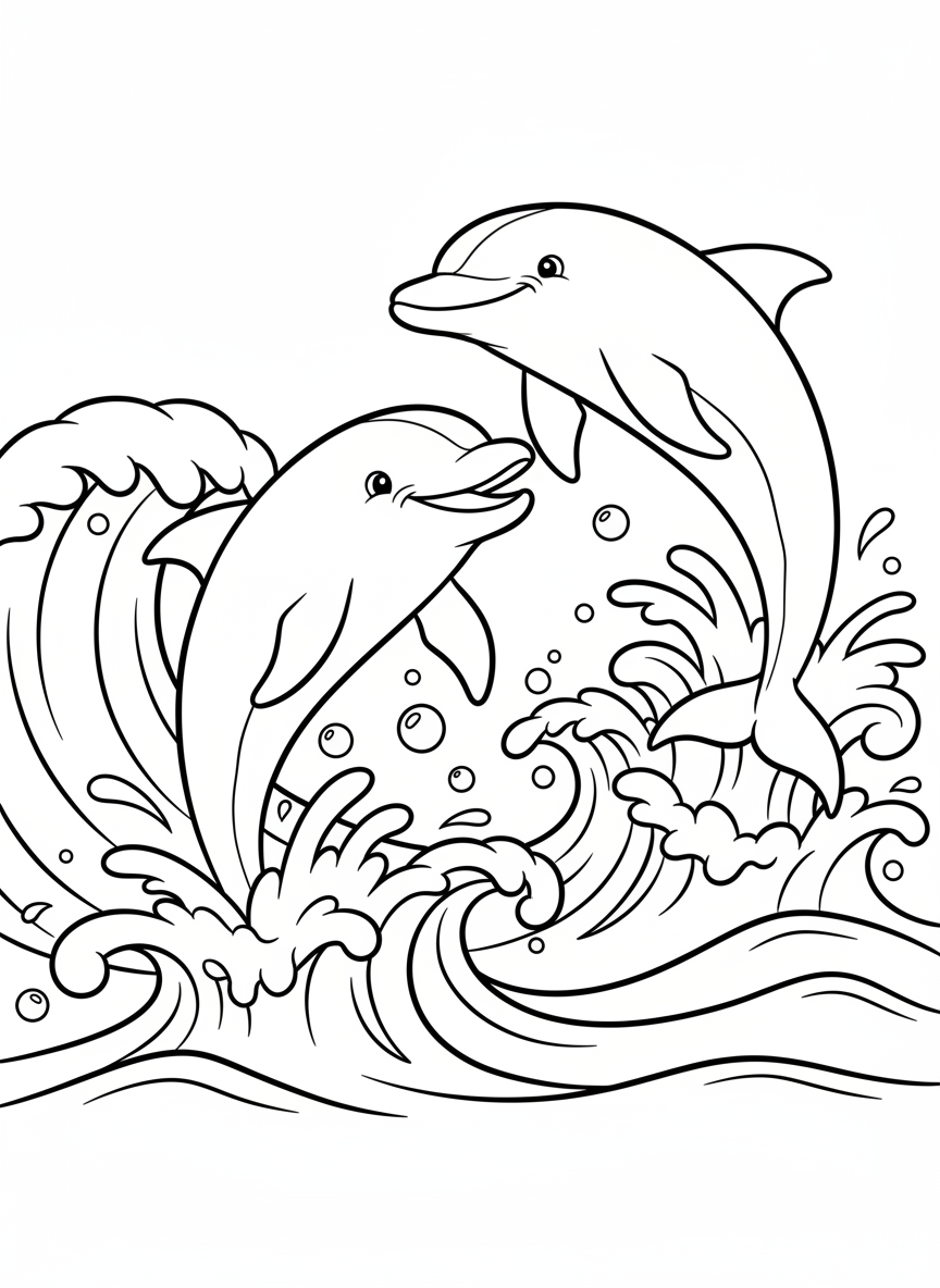 Coloring page with exactly 2 large dolphins jumping out of waves, simple curved lines and playful poses for beginning counters.