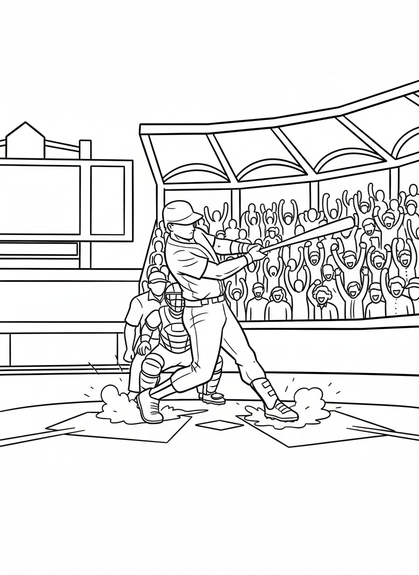 A baseball player in mid-swing at home plate with a cheering crowd in the background, simple stadium setting with clear outlines for coloring.