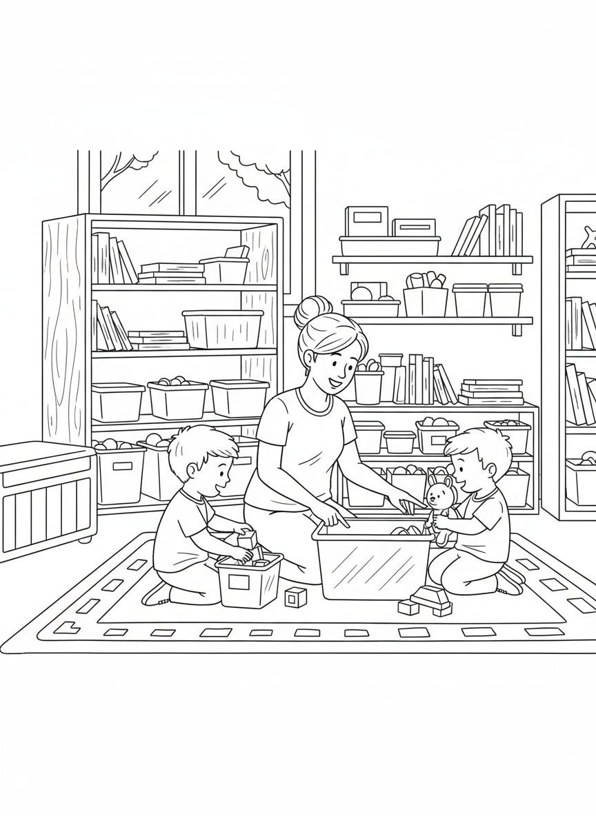 A teacher guiding children while they clean up toys, calm classroom environment, shelves and bins visible, clean bold outlines, no text, no logos