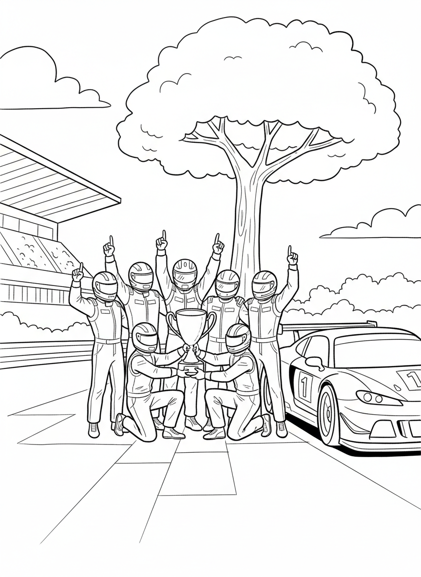 A race team celebrating together in victory circle, holding up one finger for first place, with their race car beside them.
