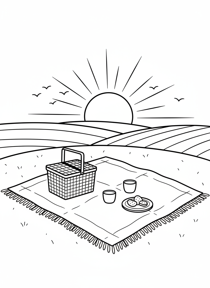 A sunset picnic scene with a blanket on a hill, a basket, and the sun setting behind rolling hills with birds flying overhead.