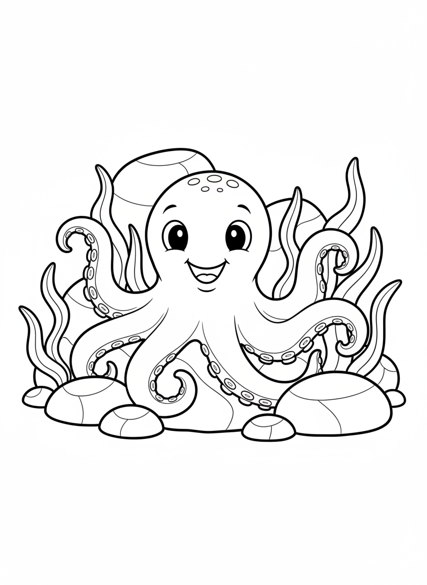 A cheerful octopus with eight curling tentacles hiding among tide pool rocks and seaweed, simple line art for young children