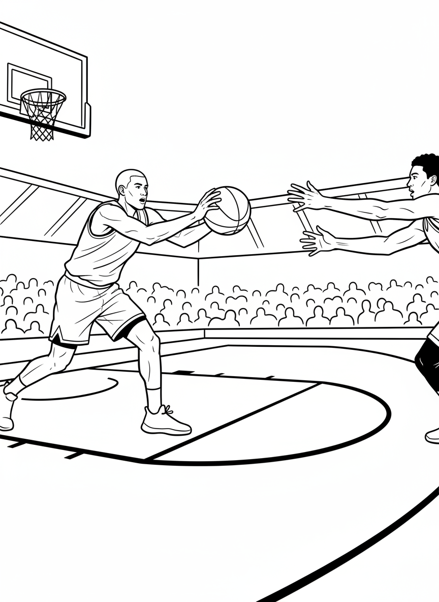 A basketball player passing the ball to a teammate, arms extended, teamwork moment on the court, clear action.
