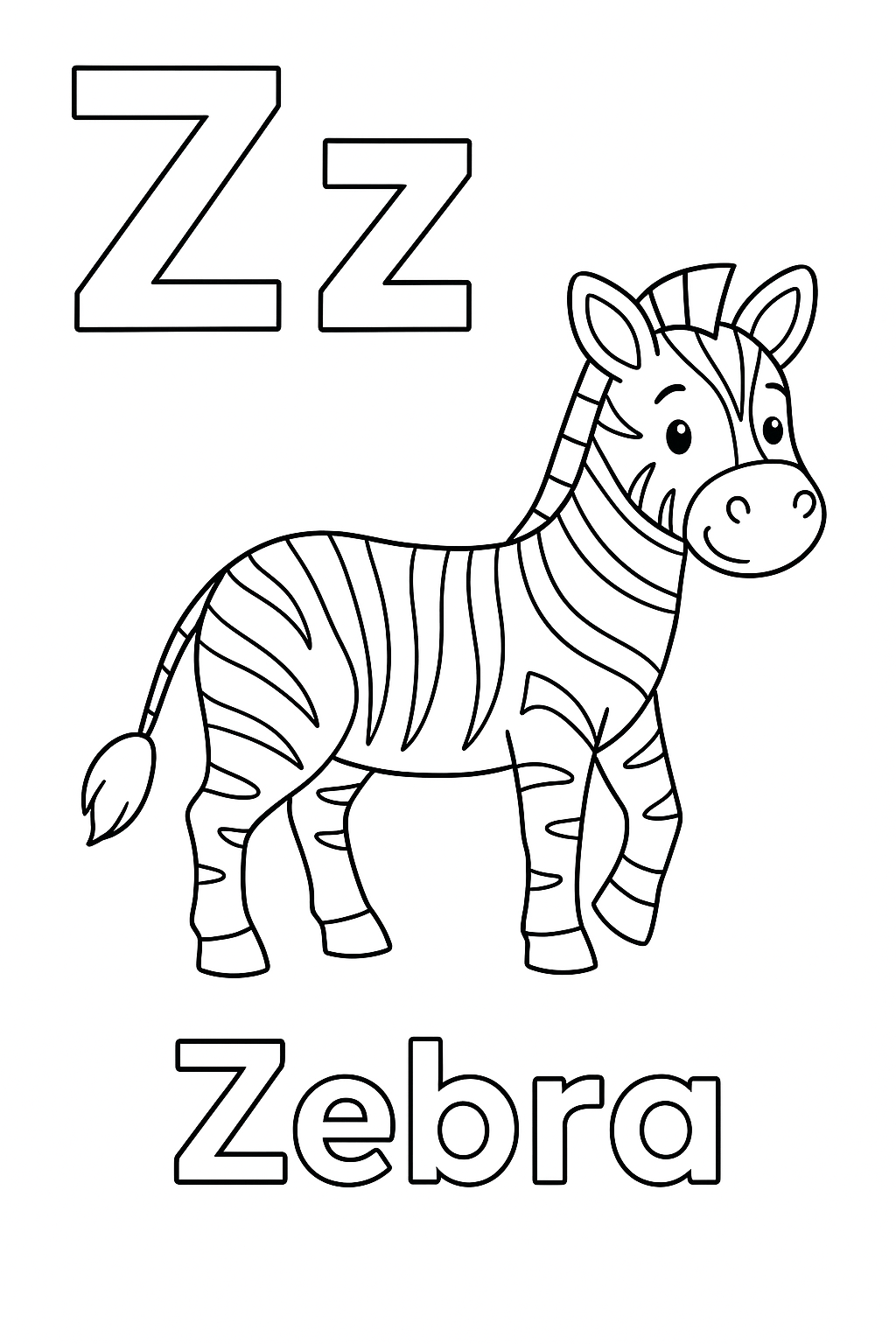 The uppercase letter “Z” next to the lowercase letter “z”. With a zebra image under the letters. Write out the object “Zebra”, place the name under the image at the bottom of the page