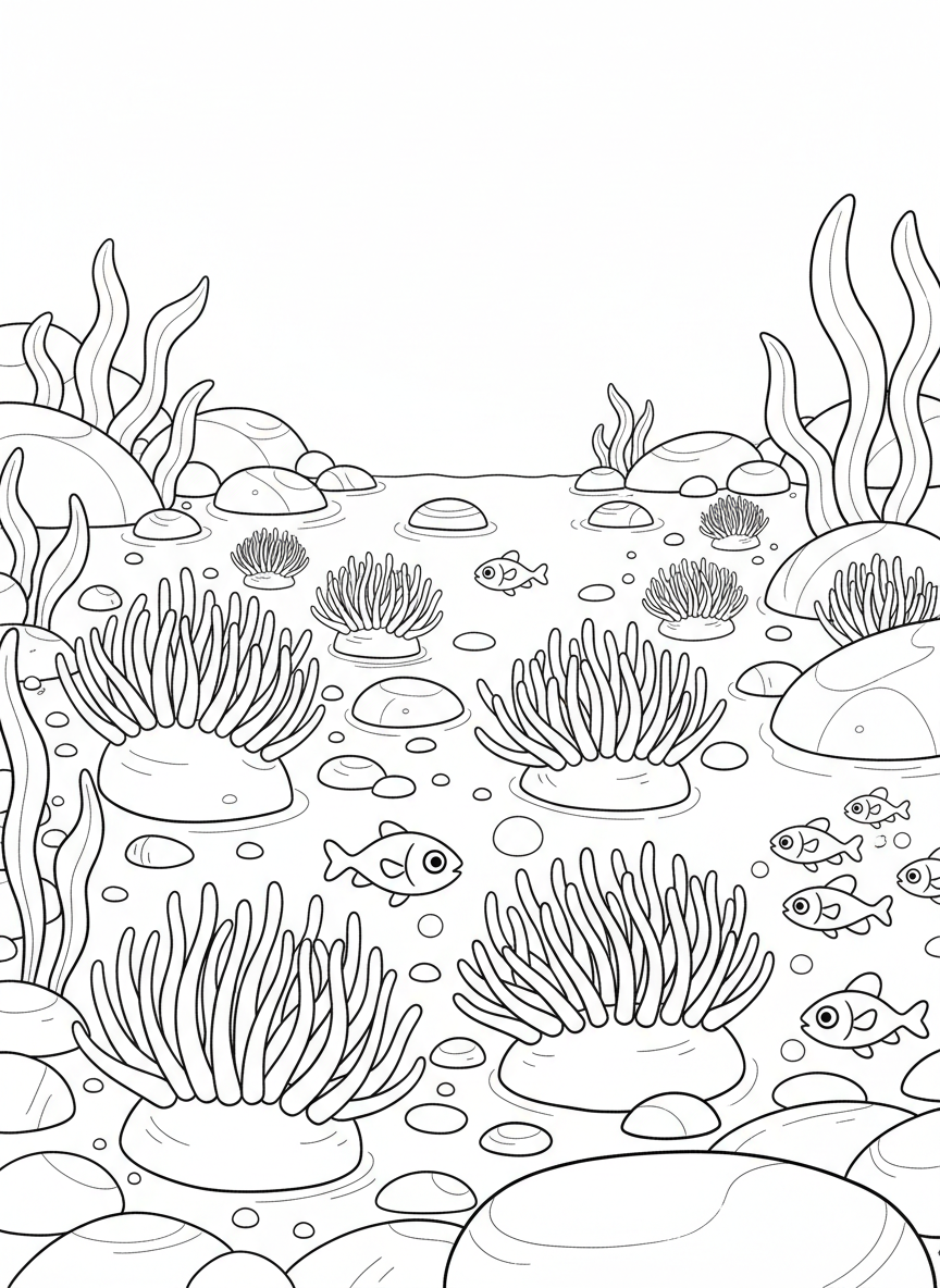 A wide tide pool scene showing multiple sea anemones with their tentacles extended, small fish swimming between rocks, and seaweed along the edges.