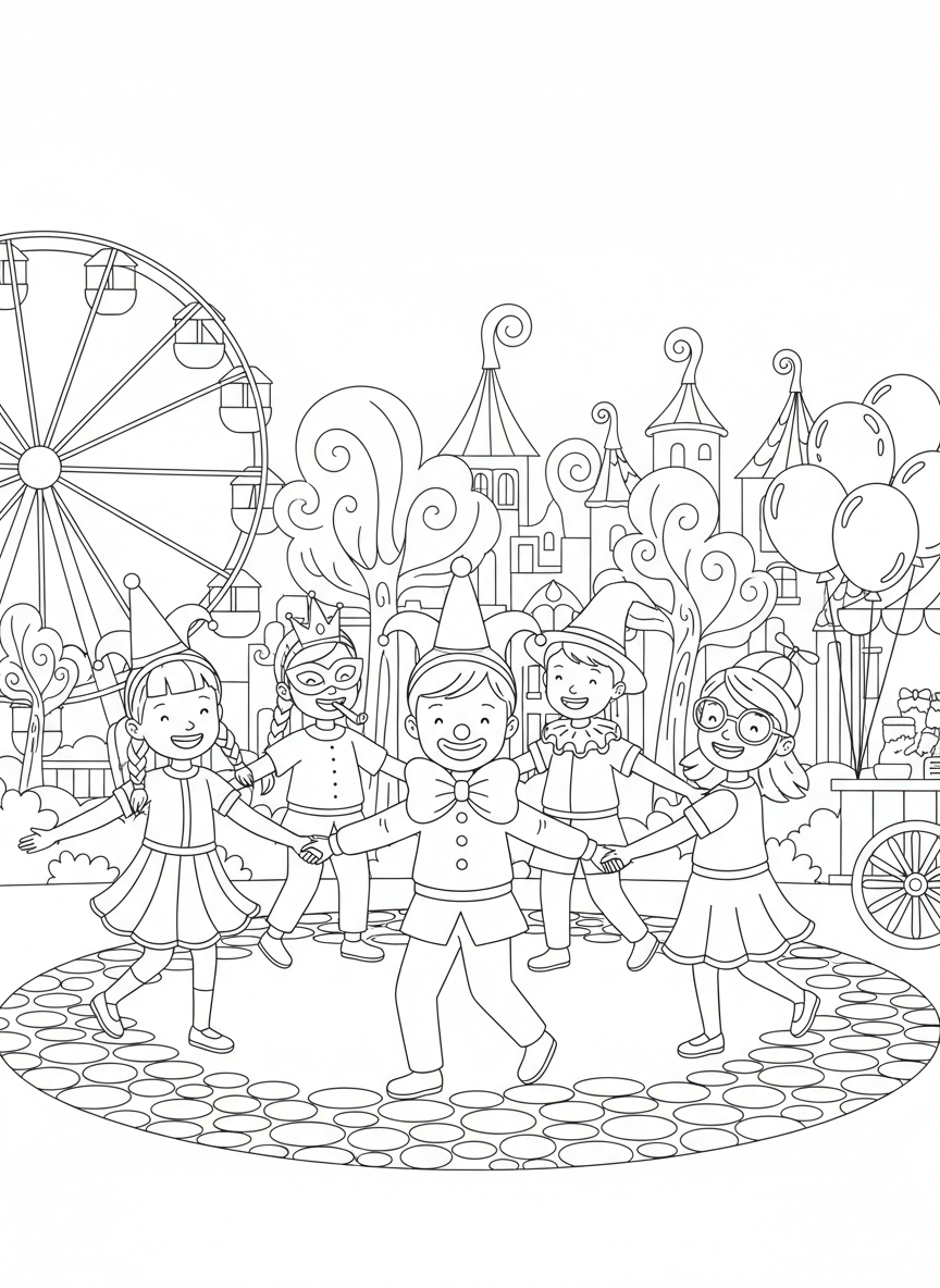 A group of diverse children holding hands in a circle, each wearing different simple carnival hats and accessories, dancing together.