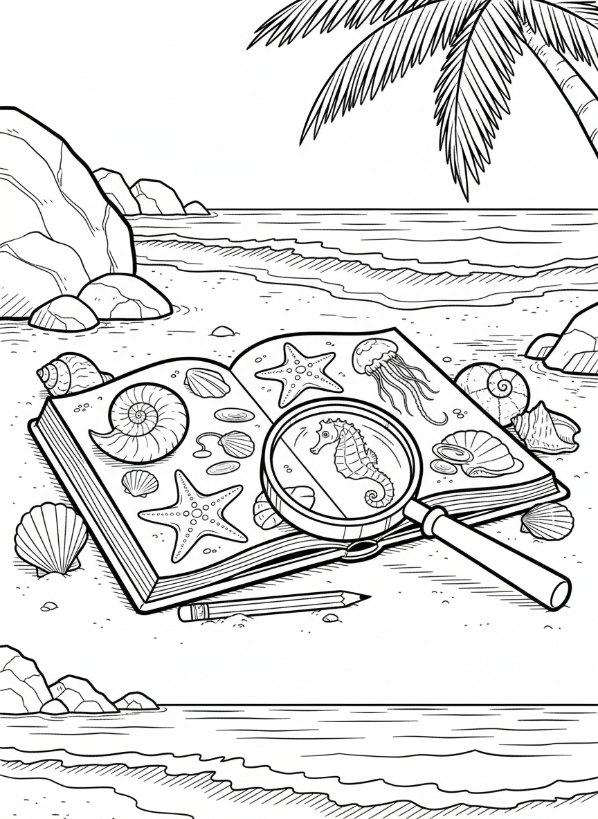 A beach scene with an open field guide showing drawings of sea creatures, surrounded by real shells, a magnifying glass, and a pencil.