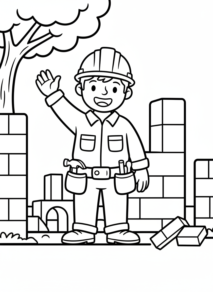 A friendly construction worker wearing a hard hat and tool belt, waving and smiling, standing in front of simple building blocks.
