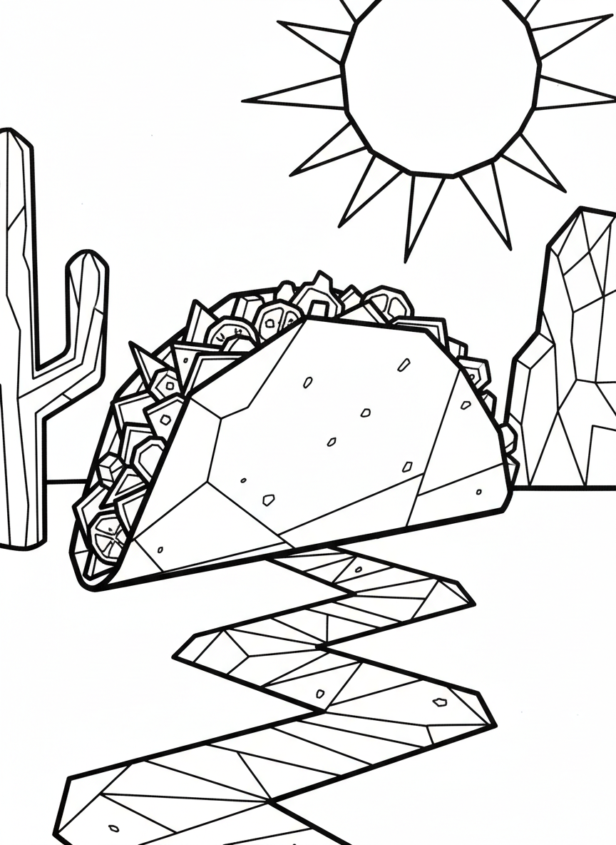 An origami taco with geometric shell folds standing upright, showing angular lettuce, cheese triangles, and tomato pieces inside.