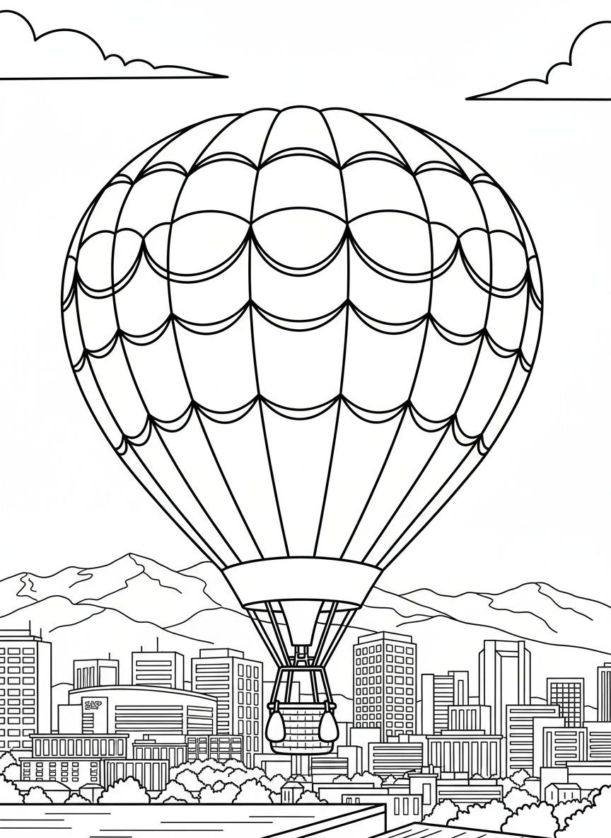 A colorful hot air balloon floating over San Jose with city buildings and mountains below, fun aerial view