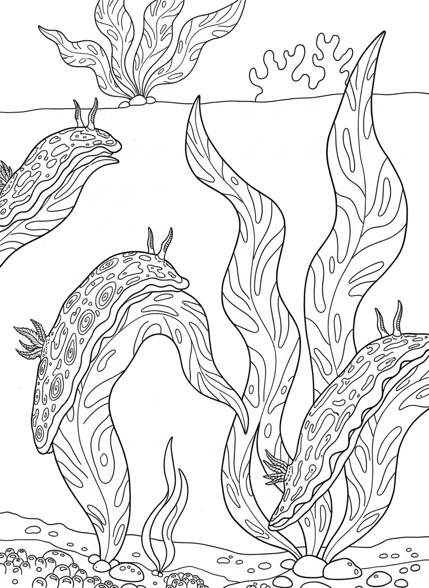 Colorful nudibranchs crawling on kelp blades with intricate patterns on their backs, medium difficulty with decorative details