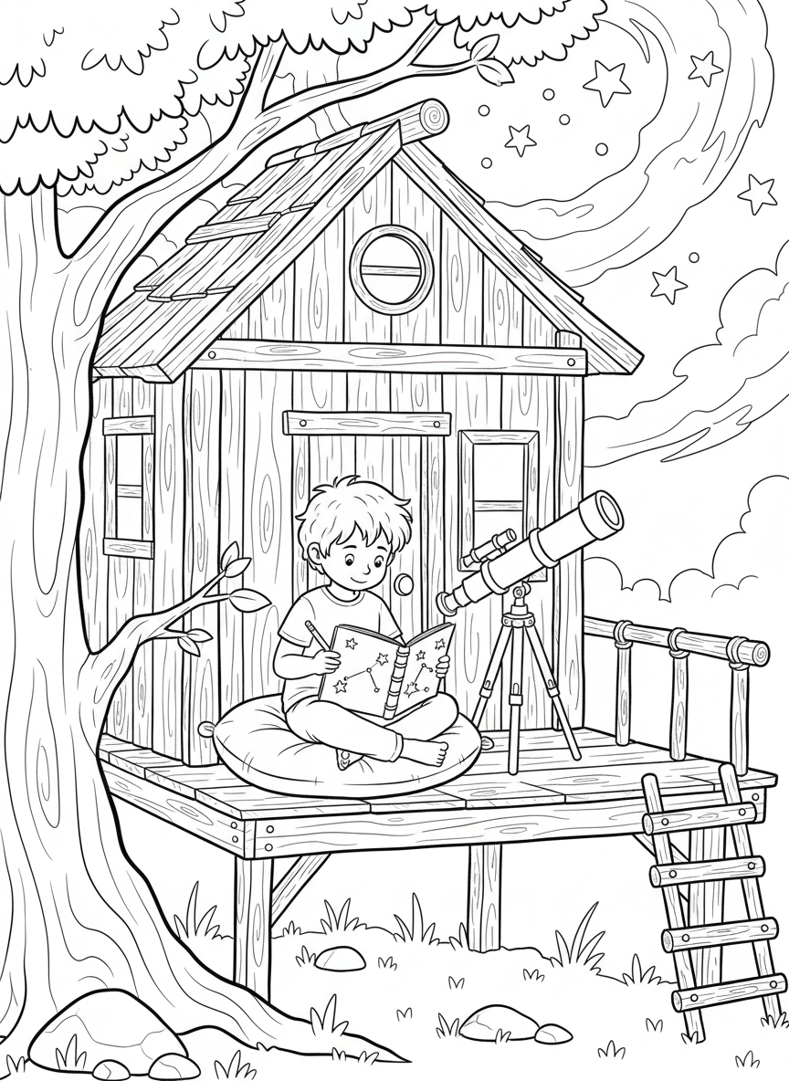 A simple treehouse scene with a child sketching constellations in a journal while sitting beside a small telescope.