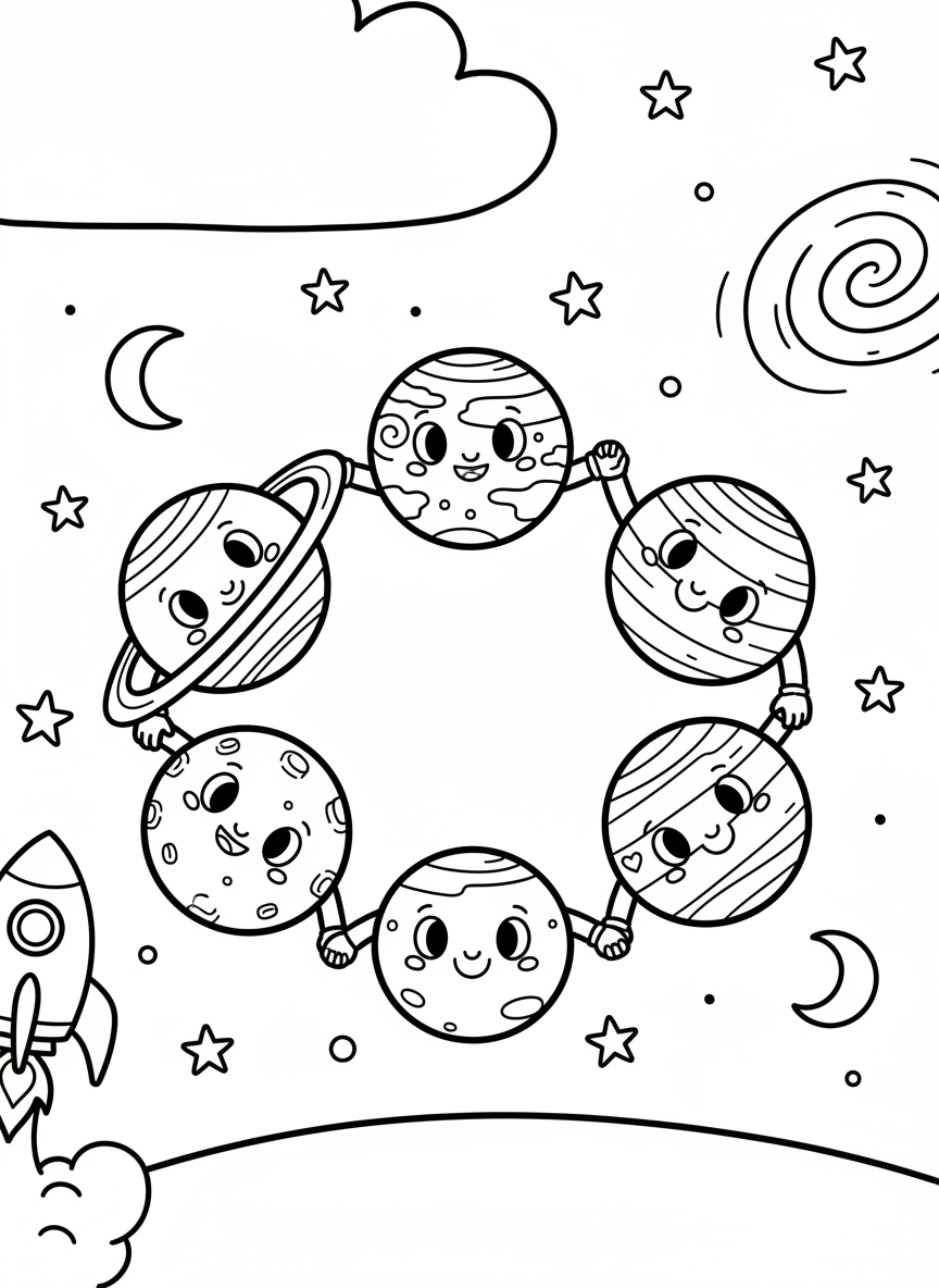A group of cartoon planets with happy faces holding hands in a circle, simple and adorable for young kids.