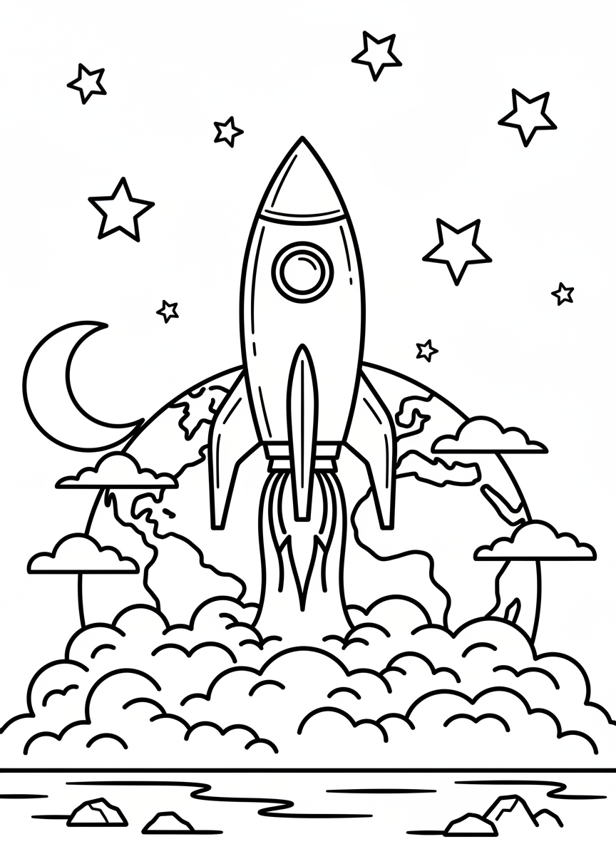 A rocket ship blasting off from Earth with flames and clouds beneath it, moon and stars visible above, clear outlines