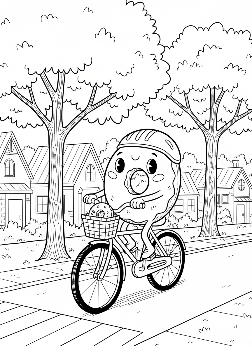 A donut riding a bicycle through a neighborhood with houses and trees, basket on the front of the bike