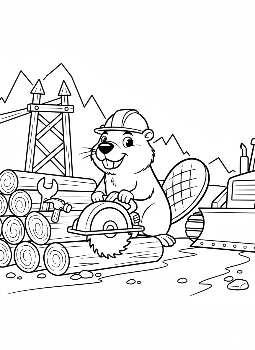 A cartoon-style beaver wearing a hard hat standing proudly next to construction tools and logs, fun builder theme