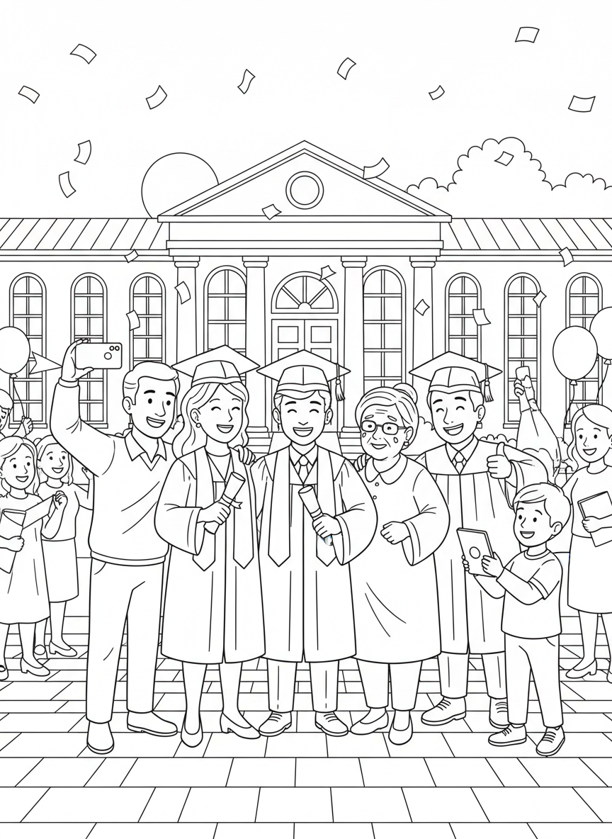 Graduation Day coloring page prompts celebrating achievement, ceremony, pride, and major life milestones.	Families taking photos with graduates, pride and joy evident in every pose.