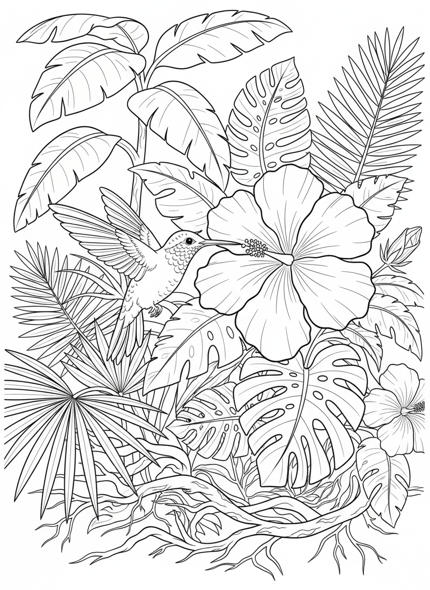 A hummingbird hovering near a large tropical hibiscus flower, wings outstretched, with rainforest foliage in the background.
