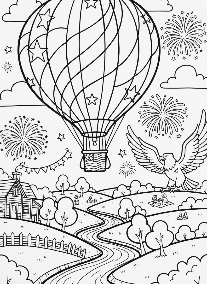 A hot air balloon decorated with stars and stripes floating over countryside, whimsical patriotic scene
