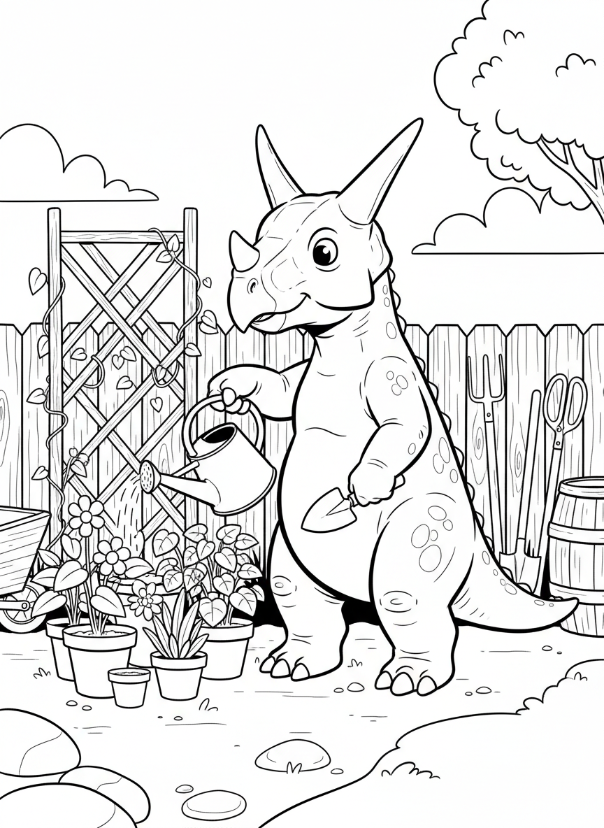 A Protoceratops gardening with a watering can and trowel among potted plants and garden tools, backyard scene.