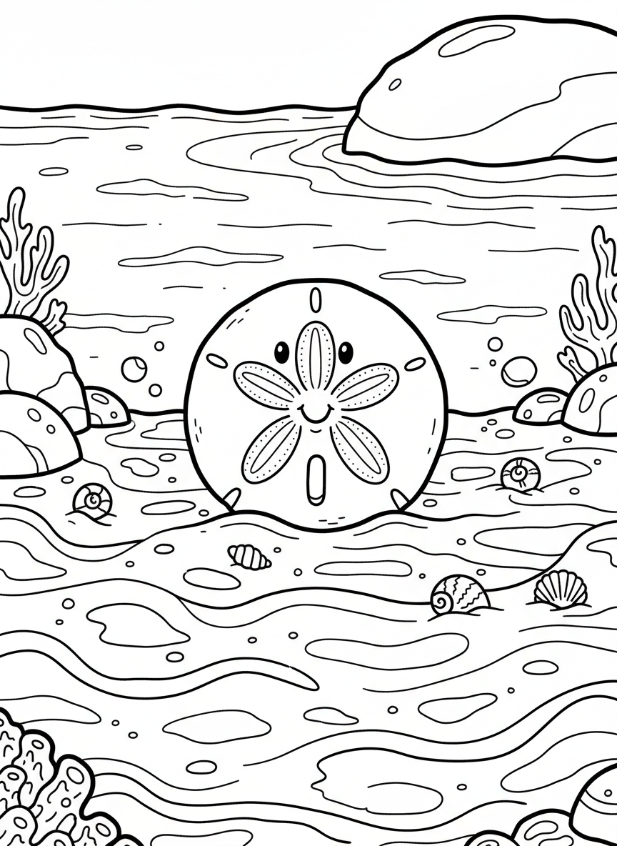 A happy sand dollar resting on the sandy bottom of a shallow tide pool, with ripple patterns in the sand and tiny shells nearby