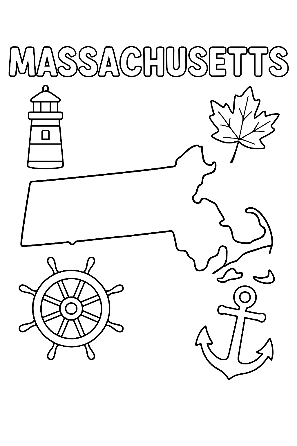 Write “Massachusetts” once at the top in outlined letters. Draw a large, clear state outline in the center. Add one lighthouse, one leaf, one ship wheel, and one anchor in corners.