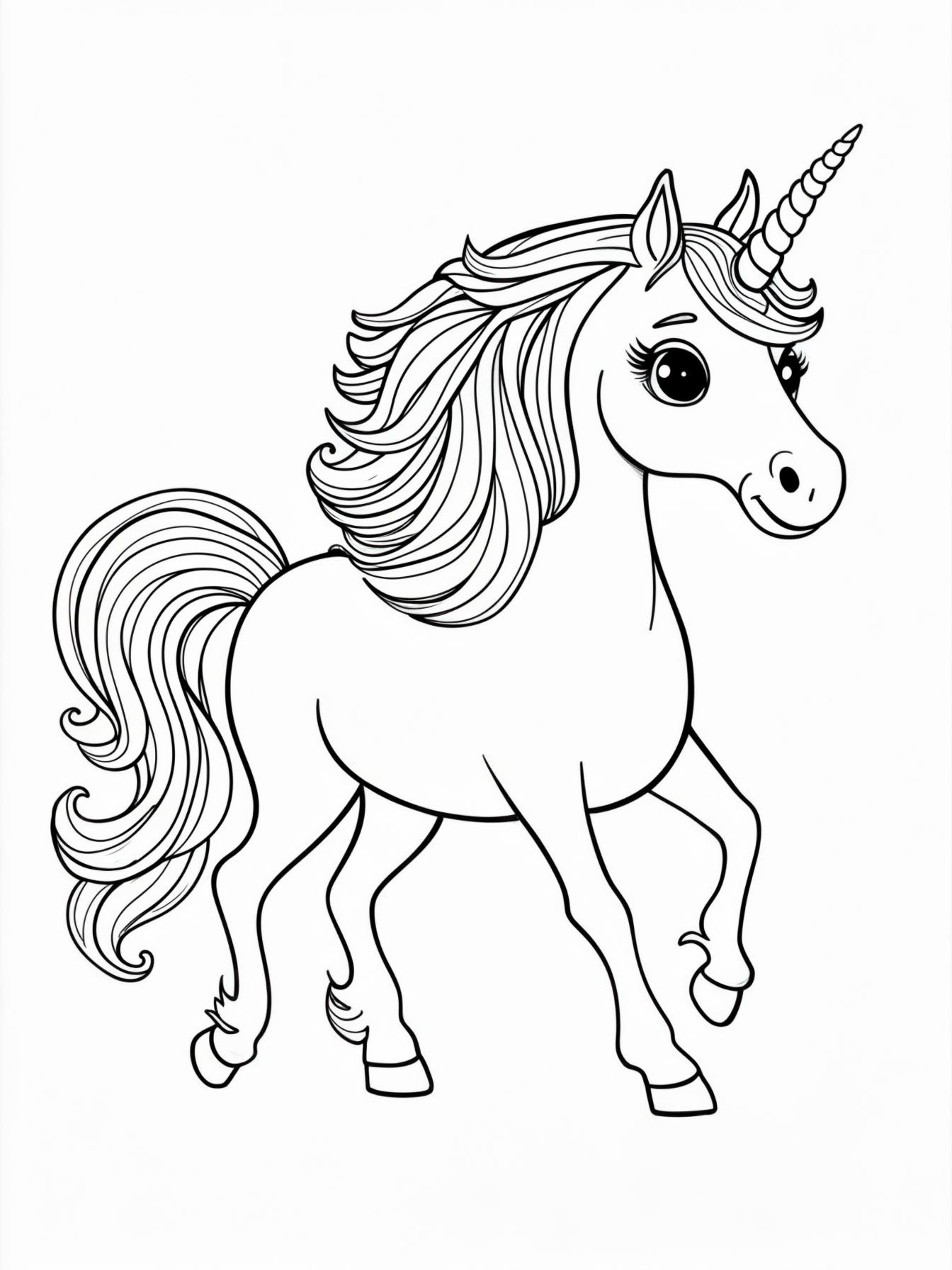 A simple, full-body unicorn trotting, with a long, wavy mane and tail that kids can color with multiple rainbow shades.