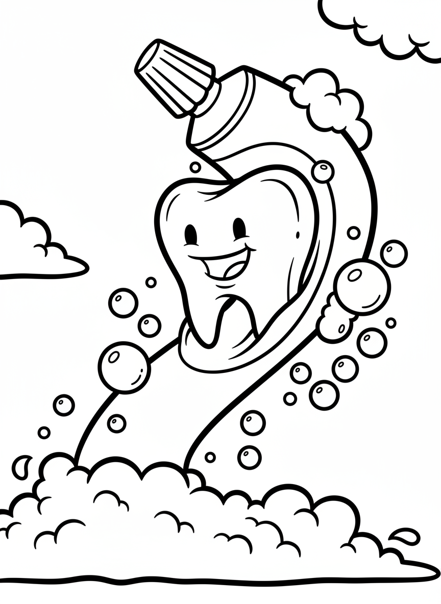 A smiling tooth character sliding down a toothpaste tube like a waterslide, with foam and bubbles