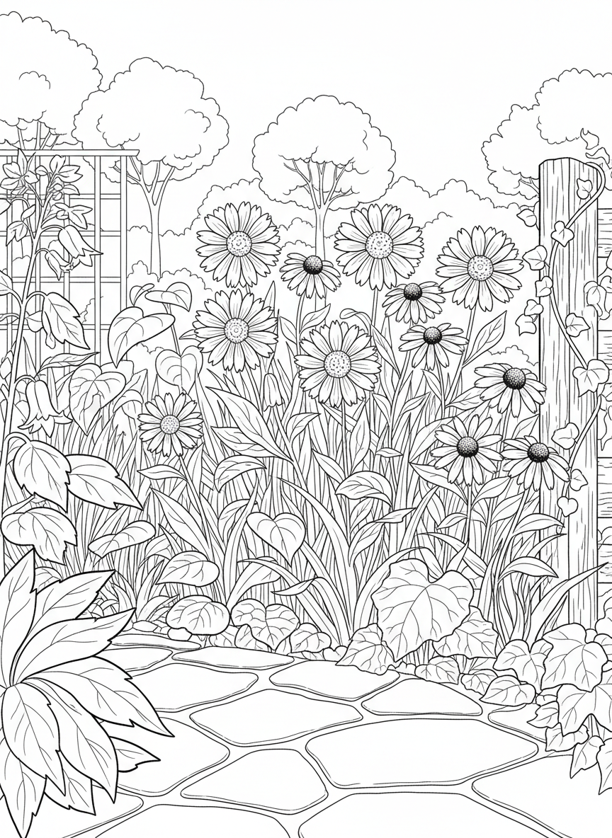Wildflowers native to Oklahoma including Indian blanket flowers and black-eyed Susans in a garden setting, botanical coloring page.